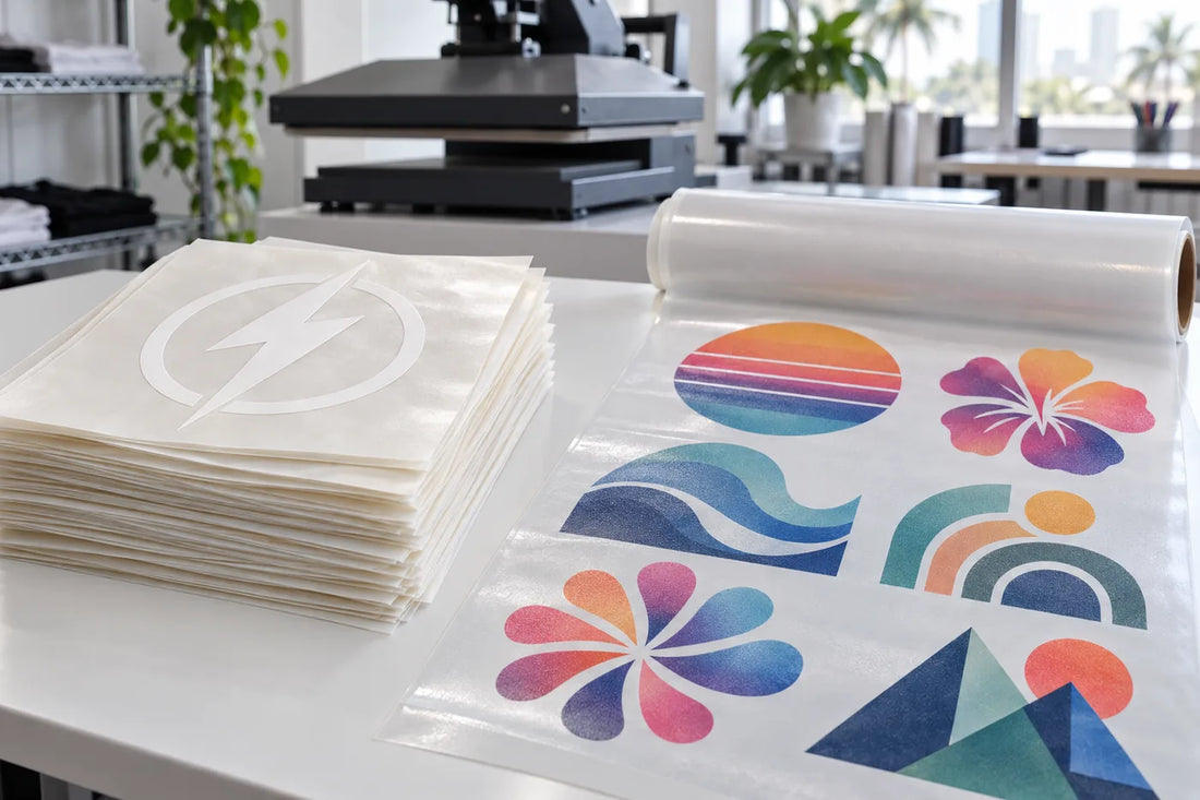 Stack of one-color plastisol screen print transfers next to a clear DTF gang sheet with full-color designs