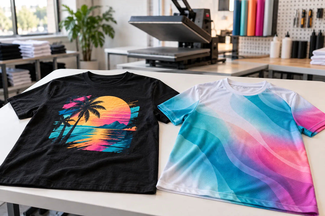 DTF transfer on a black cotton t-shirt next to a white polyester jersey with an all-over sublimation print