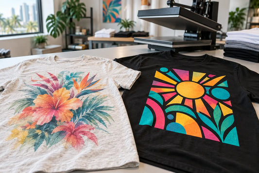 Soft DTG print on a light cotton t-shirt next to a bright DTF transfer on a black t-shirt