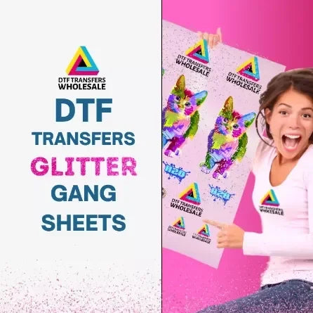 Glitter DTF gang sheet transfers wholesale — reflective sparkle finish for bulk apparel decoration