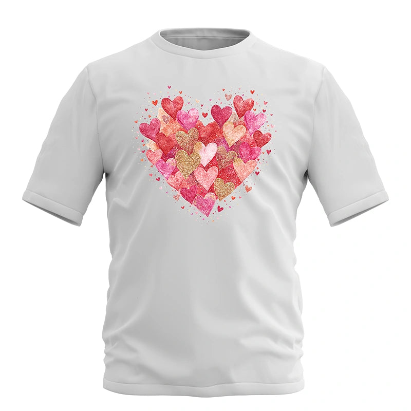 White t-shirt with a colorful heart design on a white background