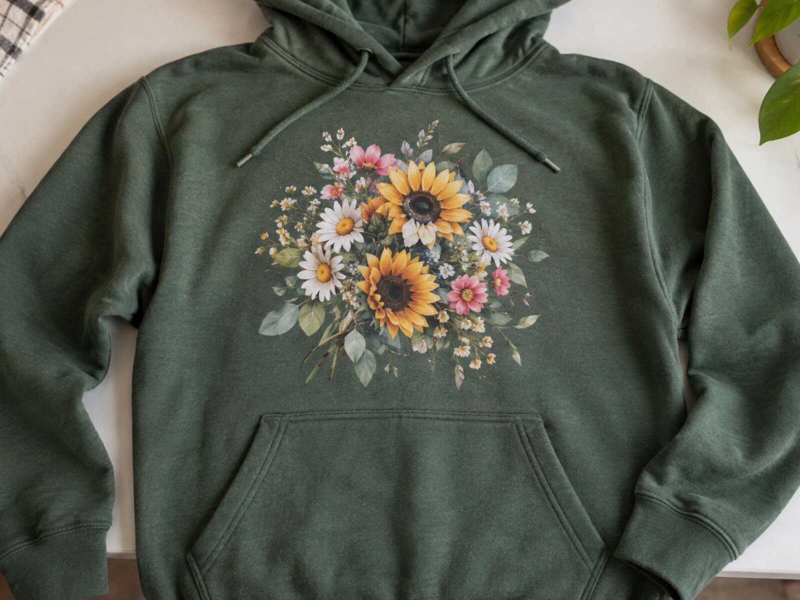Hoodie with a DTF transfer pressed above the front pocket