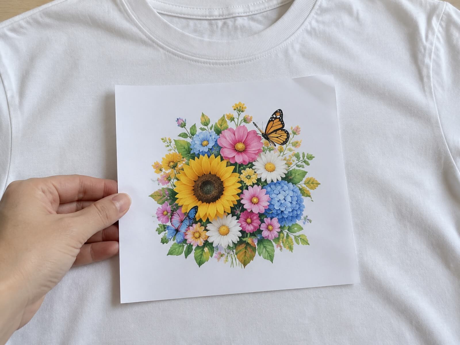 Paper printout of a design cut to size and held on a T-shirt to check the size before ordering