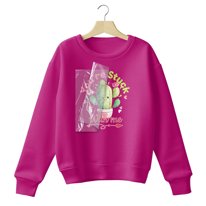 Pink sweatshirt with a cactus graphic and text on a white background